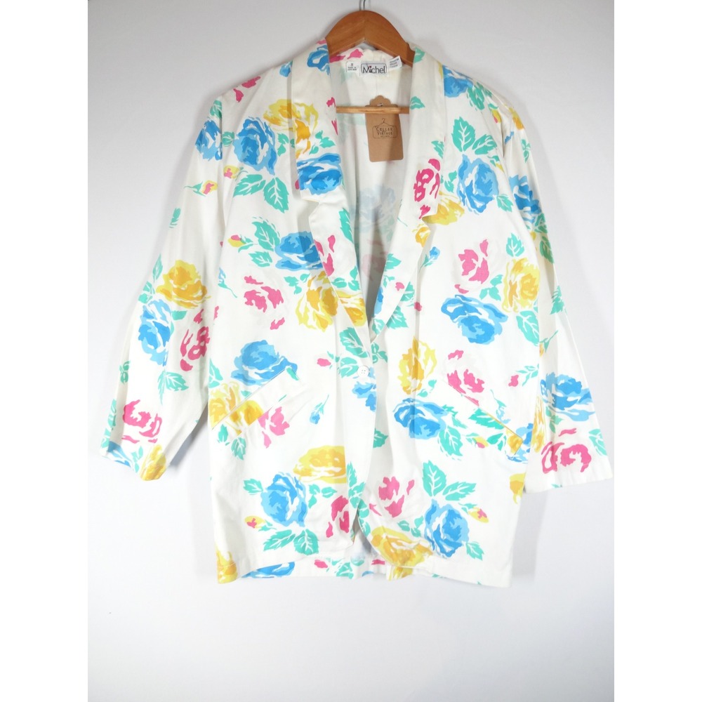 Vintage 80s 90s Michel Floral Blazer Womens Small White Cotton 3/4 Sleeve Retro
